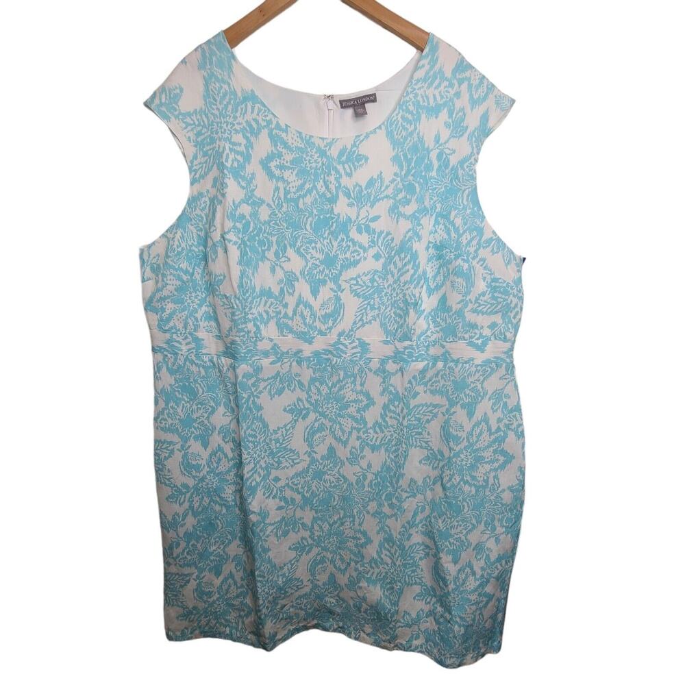 Jessica London Women Plus 28W Linen‎ Blend Sleeveless Blue Floral Dress Beach